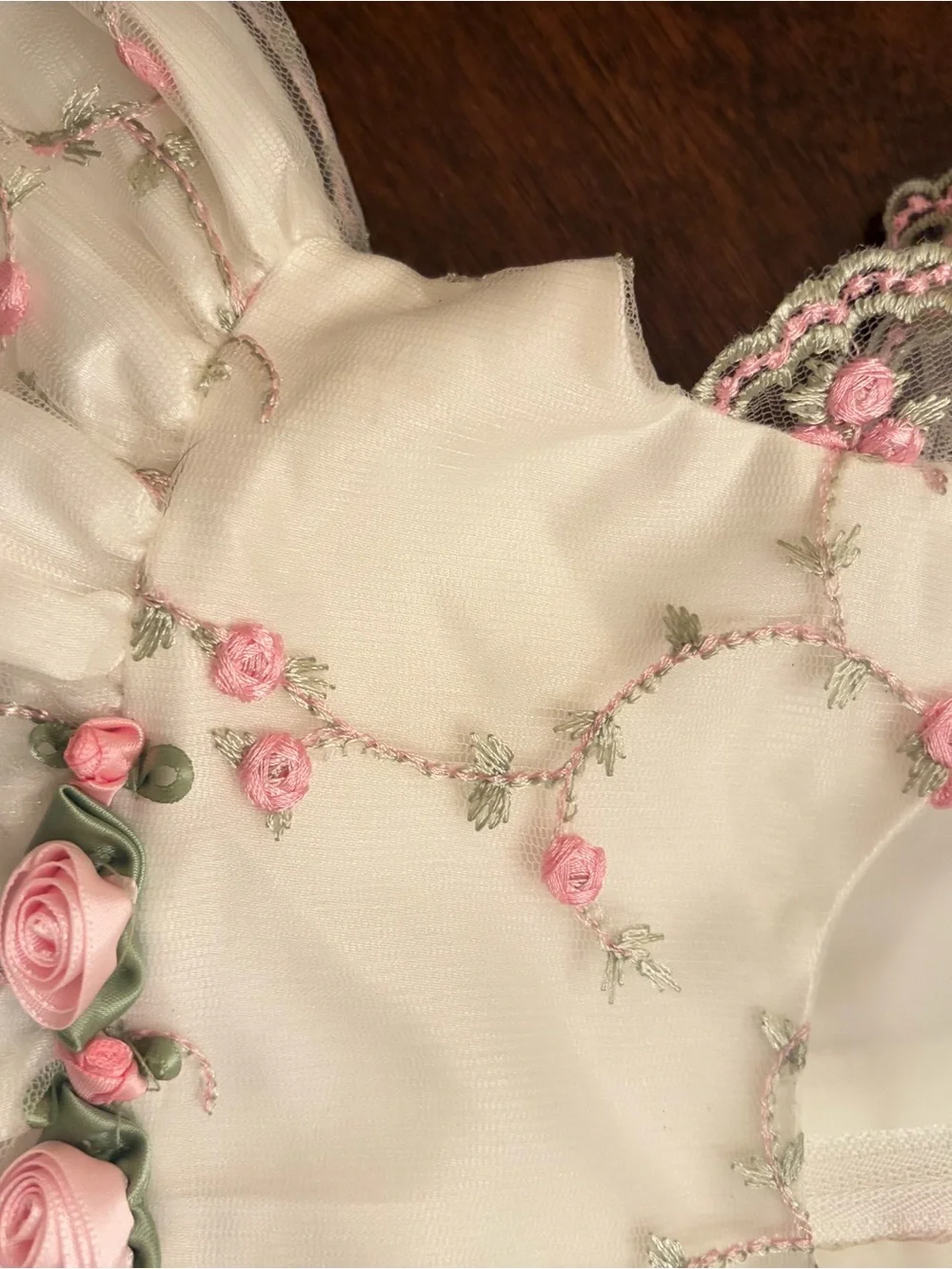 Girls Cream Floral Embroidered Party Dress with Pink Accents